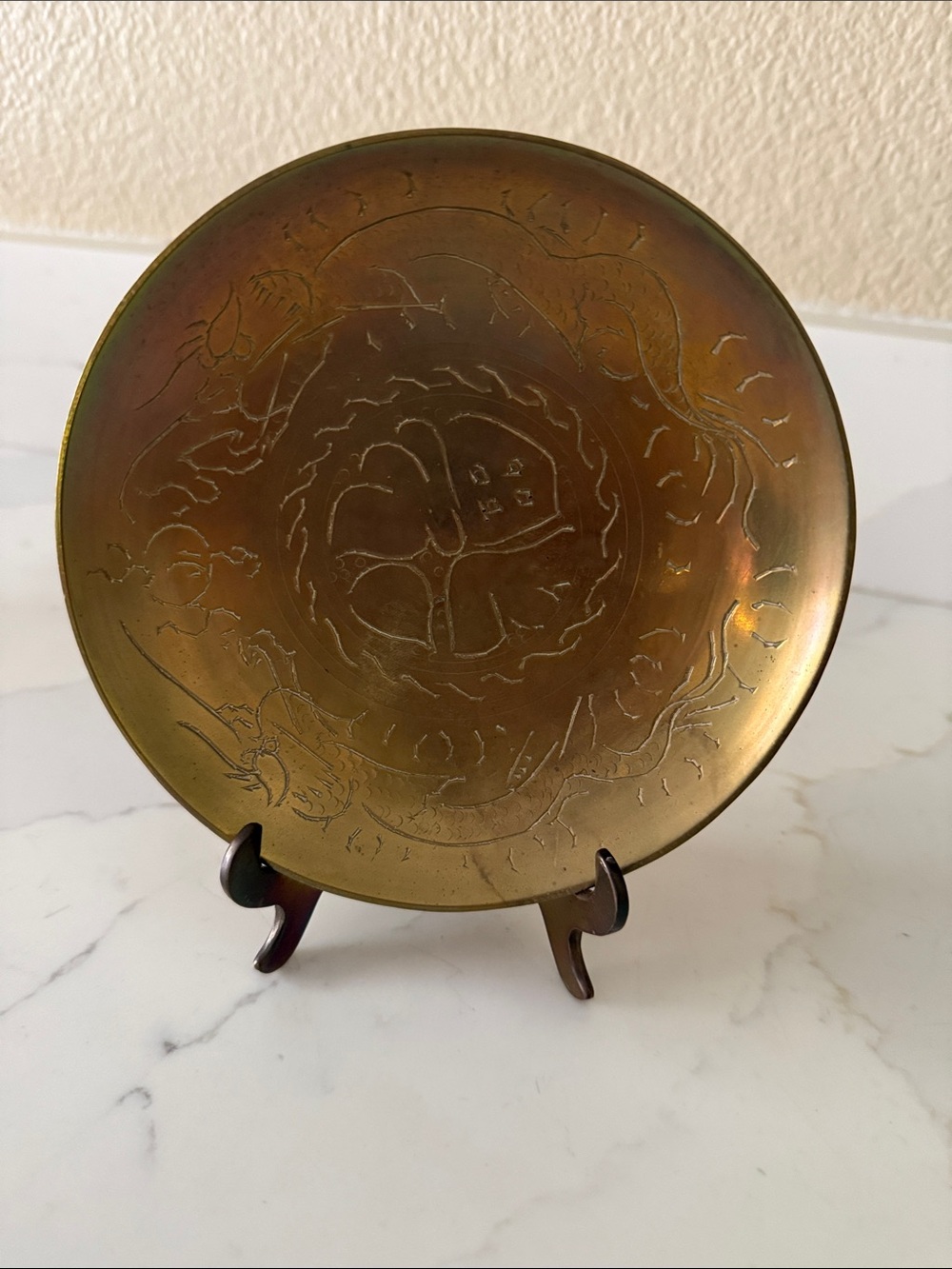 Vintage Brass Shallow Etched Dragon Dish on Brass Easel Small